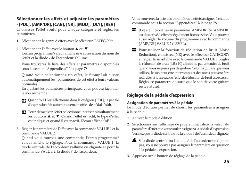 25 “réglage de la pédale d’expression”), Réglage de la pédale d’expression | Vox StompLab IIG Modeling Guitar Effect Processor Pedal User Manual | Page 25 / 84