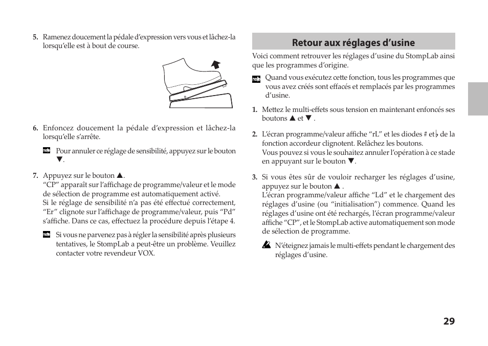 Retour aux réglages d’usine | Vox StompLab IIG Modeling Guitar Effect Processor Pedal User Manual | Page 29 / 84