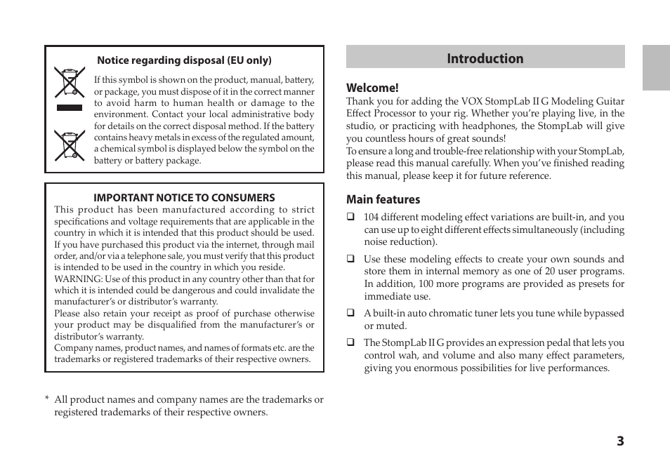 Introduction, Welcome, Main features | Vox StompLab IIG Modeling Guitar Effect Processor Pedal User Manual | Page 3 / 84