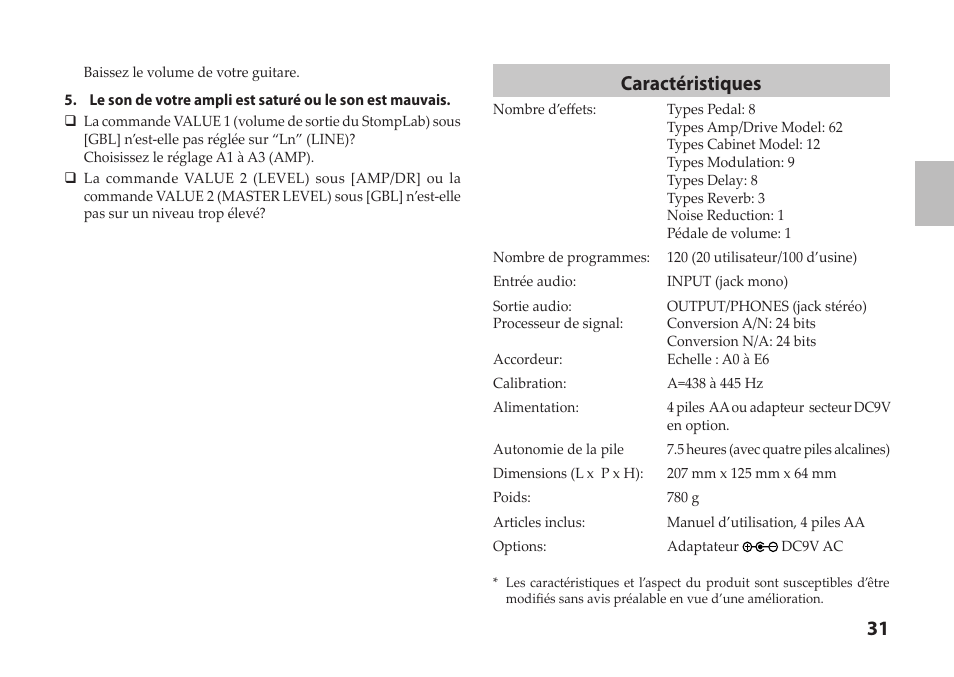 Caractéristiques | Vox StompLab IIG Modeling Guitar Effect Processor Pedal User Manual | Page 31 / 84