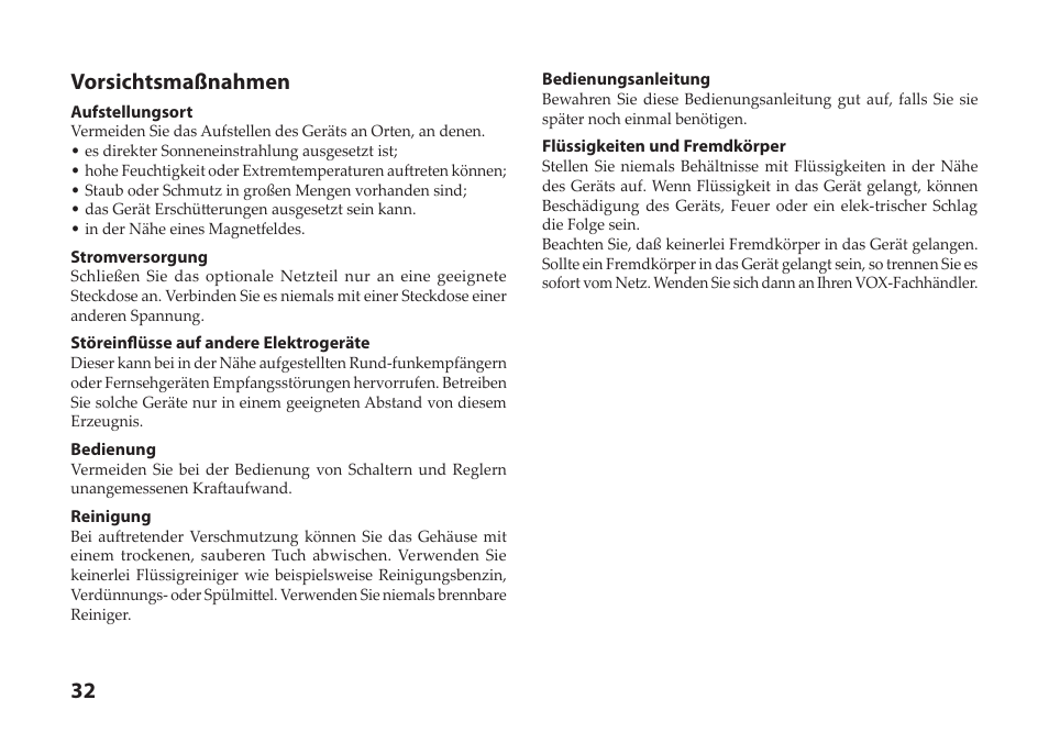Deutsch, 32 vorsichtsmaßnahmen | Vox StompLab IIG Modeling Guitar Effect Processor Pedal User Manual | Page 32 / 84