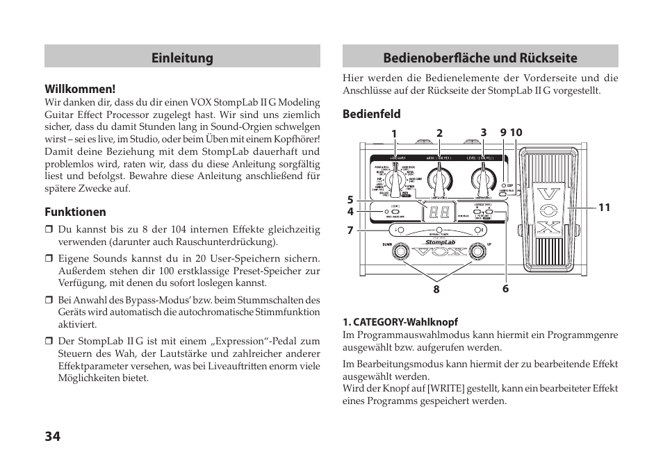 34 einleitung, Bedienoberfläche und rückseite | Vox StompLab IIG Modeling Guitar Effect Processor Pedal User Manual | Page 34 / 84