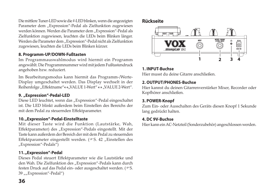 Rückseite | Vox StompLab IIG Modeling Guitar Effect Processor Pedal User Manual | Page 36 / 84