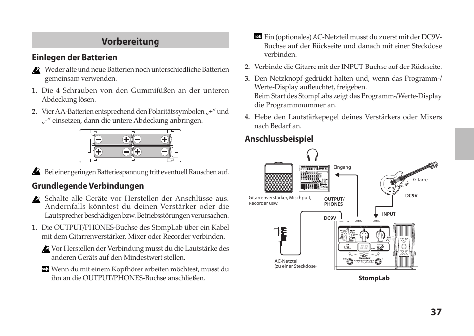 37 vorbereitung, Einlegen der batterien, Grundlegende verbindungen | Anschlussbeispiel | Vox StompLab IIG Modeling Guitar Effect Processor Pedal User Manual | Page 37 / 84