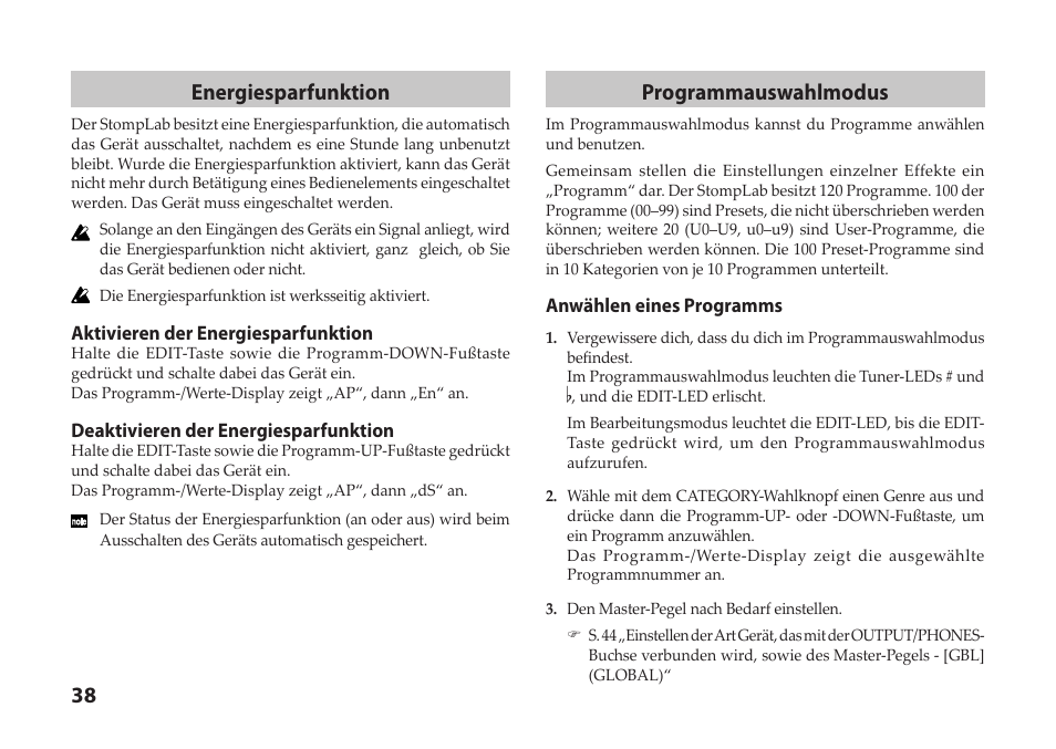 38 energiesparfunktion, Programmauswahlmodus | Vox StompLab IIG Modeling Guitar Effect Processor Pedal User Manual | Page 38 / 84