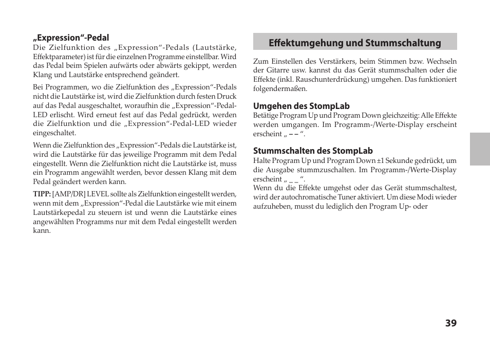 39 „„expression“-pedal“), Effektumgehung und stummschaltung | Vox StompLab IIG Modeling Guitar Effect Processor Pedal User Manual | Page 39 / 84