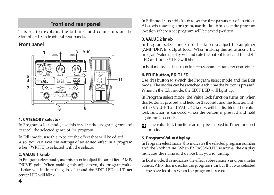 Front and rear panel, Front panel | Vox StompLab IIG Modeling Guitar Effect Processor Pedal User Manual | Page 4 / 84