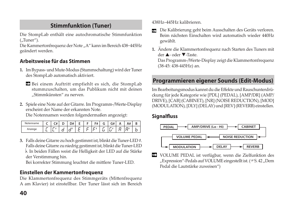 40 stimmfunktion (tuner), Programmieren eigener sounds (edit-modus), Arbeitsweise für das stimmen | Einstellen der kammertonfrequenz, Signalfluss | Vox StompLab IIG Modeling Guitar Effect Processor Pedal User Manual | Page 40 / 84