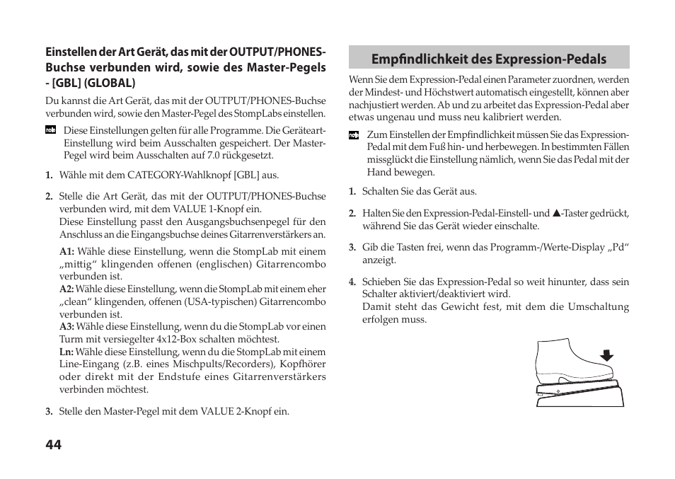 Empfindlichkeit des expression-pedals | Vox StompLab IIG Modeling Guitar Effect Processor Pedal User Manual | Page 44 / 84