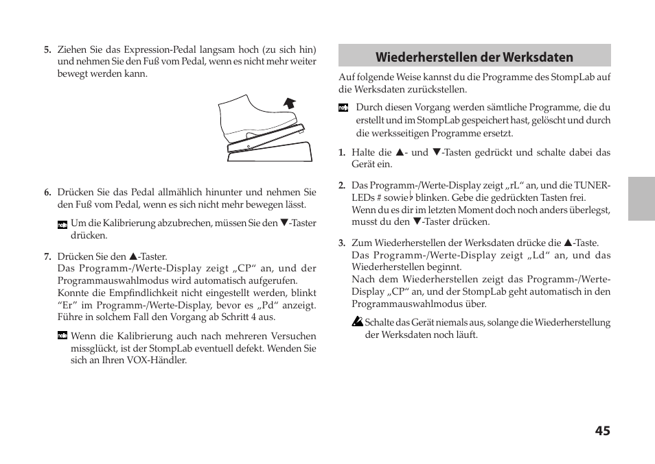 Wiederherstellen der werksdaten | Vox StompLab IIG Modeling Guitar Effect Processor Pedal User Manual | Page 45 / 84