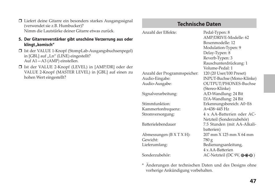 Technische daten | Vox StompLab IIG Modeling Guitar Effect Processor Pedal User Manual | Page 47 / 84