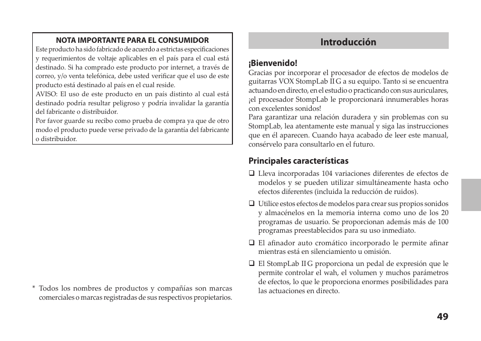 Introducción, Bienvenido, Principales características | Vox StompLab IIG Modeling Guitar Effect Processor Pedal User Manual | Page 49 / 84