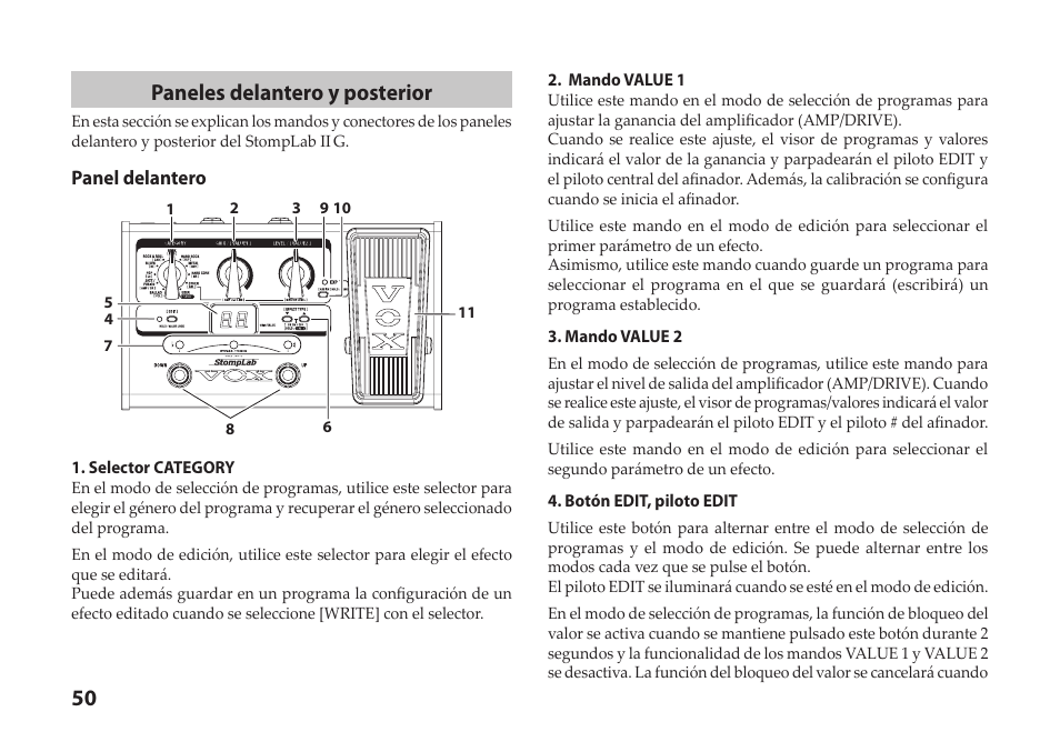 Paneles delantero y posterior, Panel delantero | Vox StompLab IIG Modeling Guitar Effect Processor Pedal User Manual | Page 50 / 84