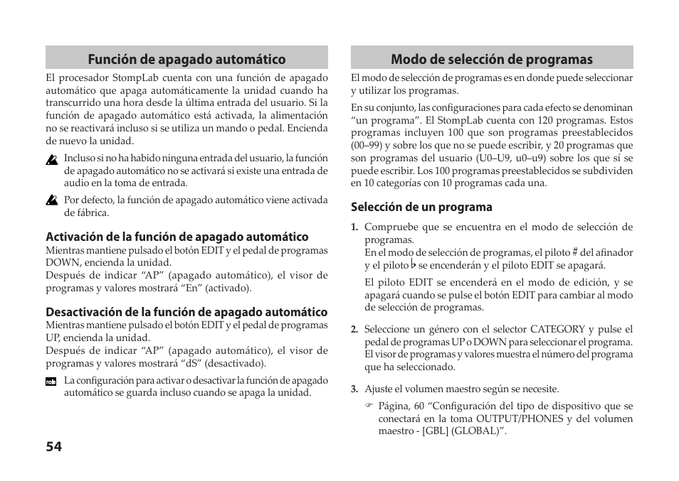 54 función de apagado automático, Modo de selección de programas | Vox StompLab IIG Modeling Guitar Effect Processor Pedal User Manual | Page 54 / 84