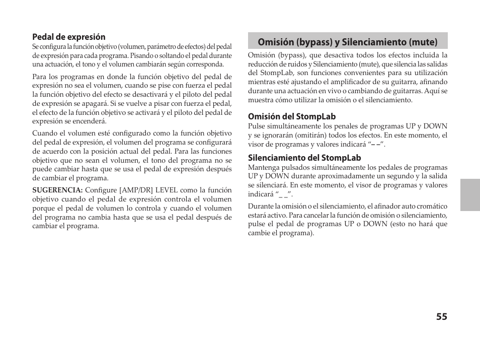 Omisión (bypass) y silenciamiento (mute) | Vox StompLab IIG Modeling Guitar Effect Processor Pedal User Manual | Page 55 / 84