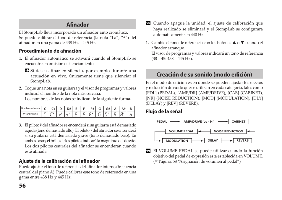 56 afinador, Creación de su sonido (modo edición), Procedimiento de afinación | Ajuste de la calibración del afinador, Flujo de la señal | Vox StompLab IIG Modeling Guitar Effect Processor Pedal User Manual | Page 56 / 84