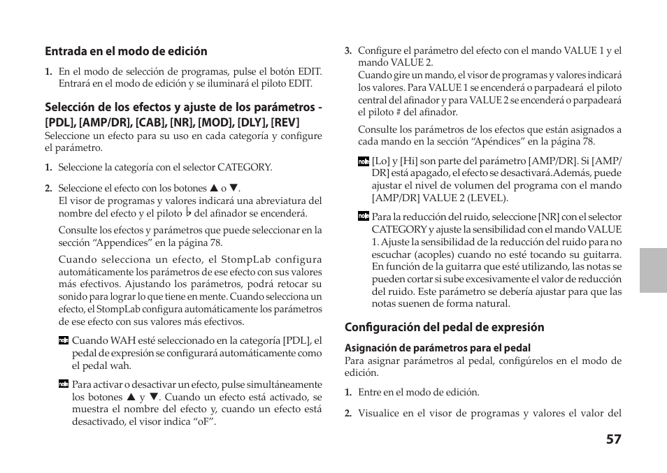 Entrada en el modo de edición, Configuración del pedal de expresión | Vox StompLab IIG Modeling Guitar Effect Processor Pedal User Manual | Page 57 / 84