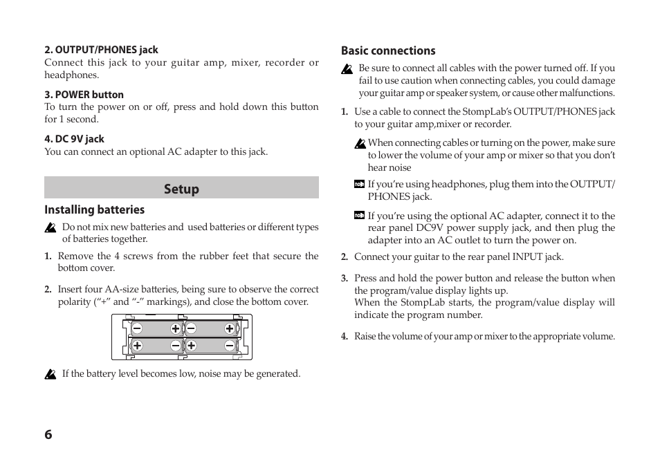 Setup | Vox StompLab IIG Modeling Guitar Effect Processor Pedal User Manual | Page 6 / 84