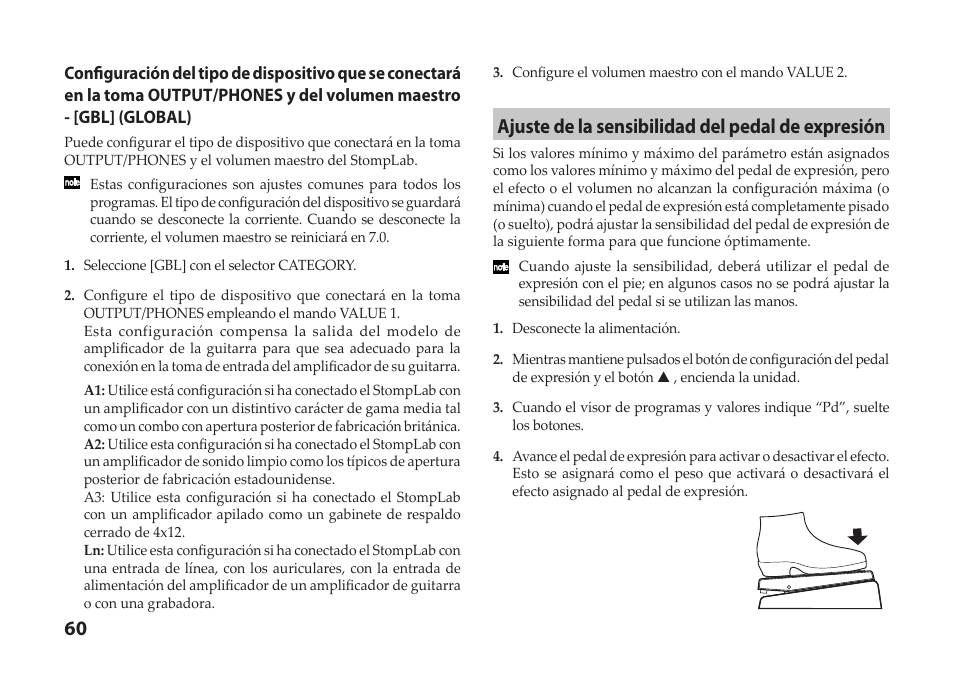 Ajuste de la sensibilidad del pedal de expresión | Vox StompLab IIG Modeling Guitar Effect Processor Pedal User Manual | Page 60 / 84