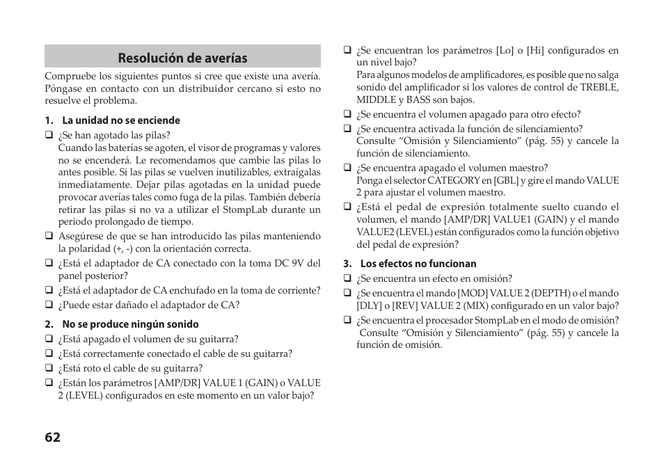 62 resolución de averías | Vox StompLab IIG Modeling Guitar Effect Processor Pedal User Manual | Page 62 / 84