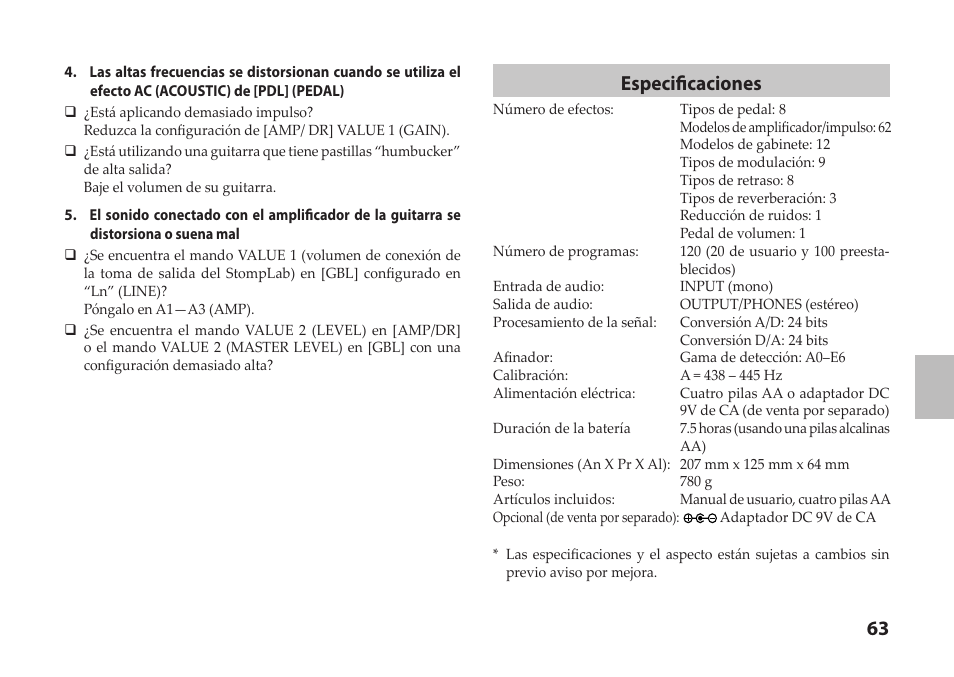 Especificaciones | Vox StompLab IIG Modeling Guitar Effect Processor Pedal User Manual | Page 63 / 84