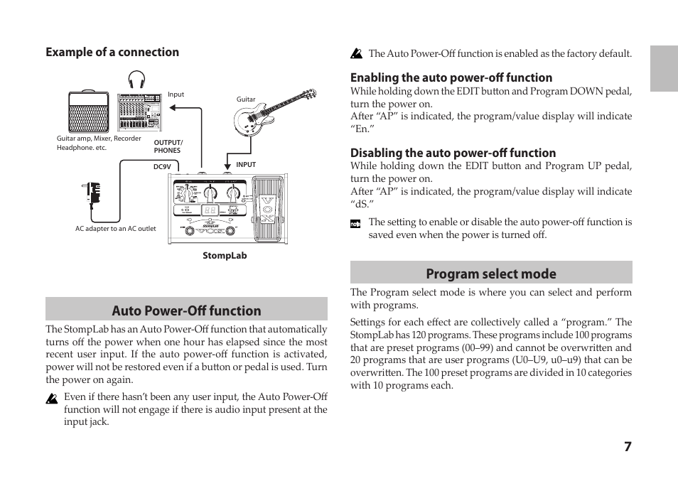 Auto power-off function, Program select mode, Example of a connection | Enabling the auto power-off function, Disabling the auto power-off function | Vox StompLab IIG Modeling Guitar Effect Processor Pedal User Manual | Page 7 / 84