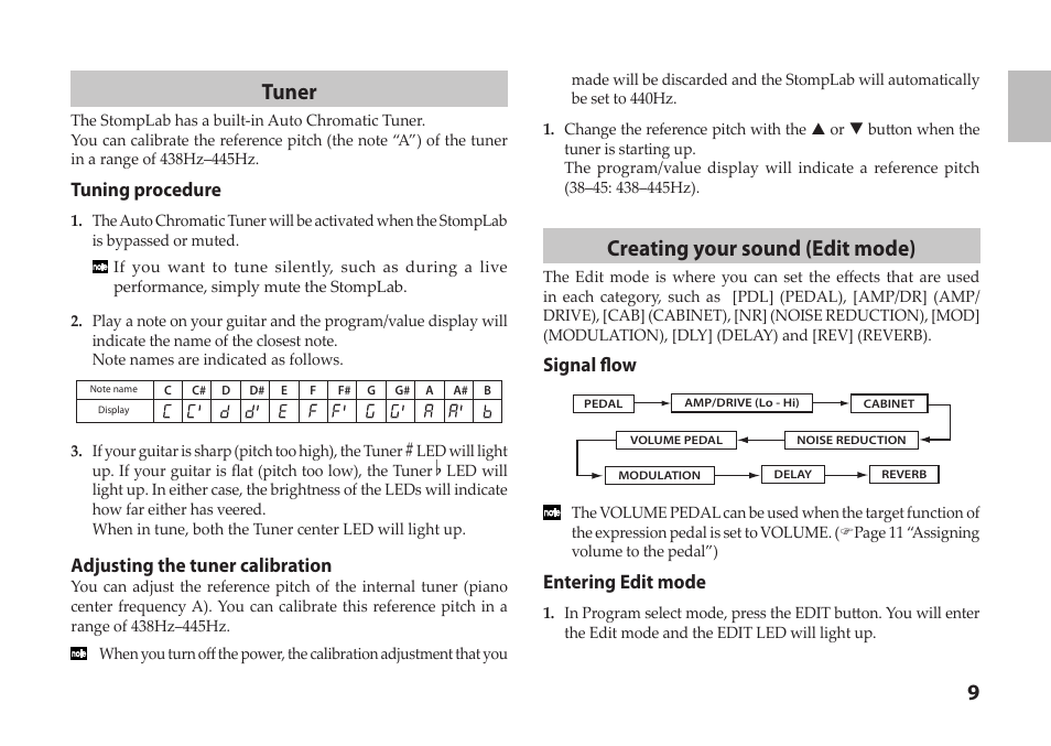 9tuner, Creating your sound (edit mode), Tuning procedure | Adjusting the tuner calibration, Signal flow, Entering edit mode | Vox StompLab IIG Modeling Guitar Effect Processor Pedal User Manual | Page 9 / 84