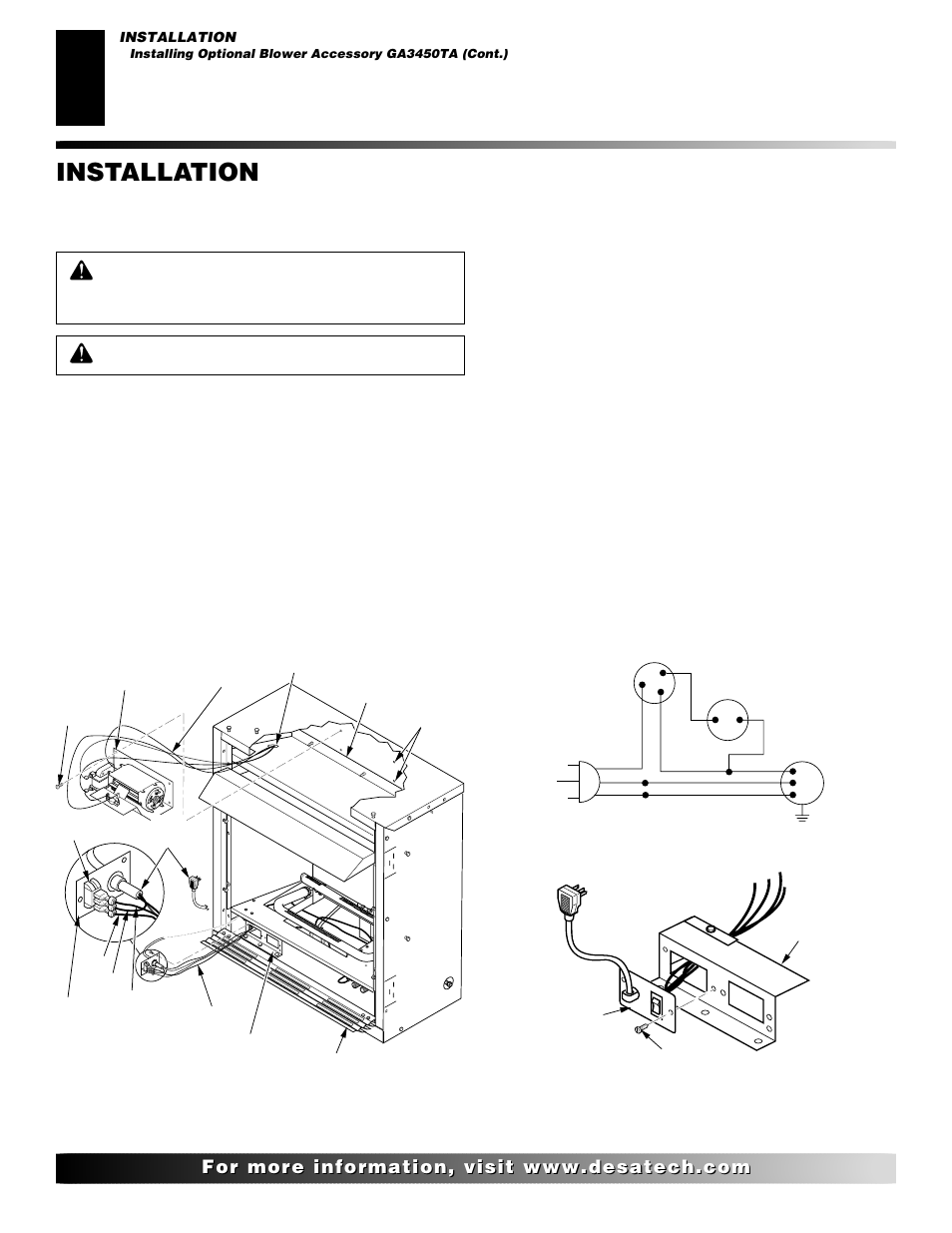 Installation, Continued, Installing blower accessory | Desa FDCFTN User Manual | Page 12 / 42