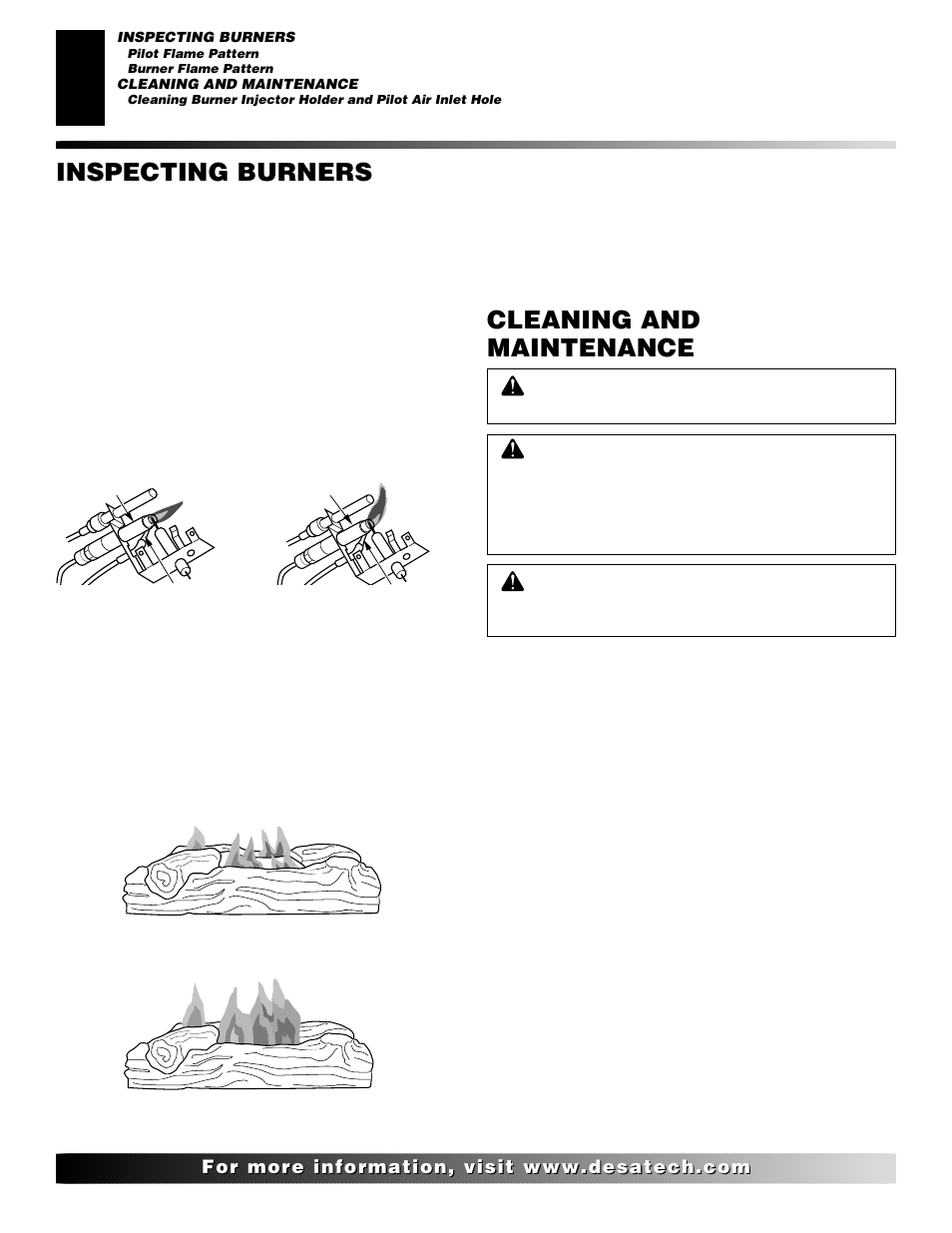 Inspecting burners, Cleaning and maintenance | Desa FDCFTN User Manual | Page 24 / 42