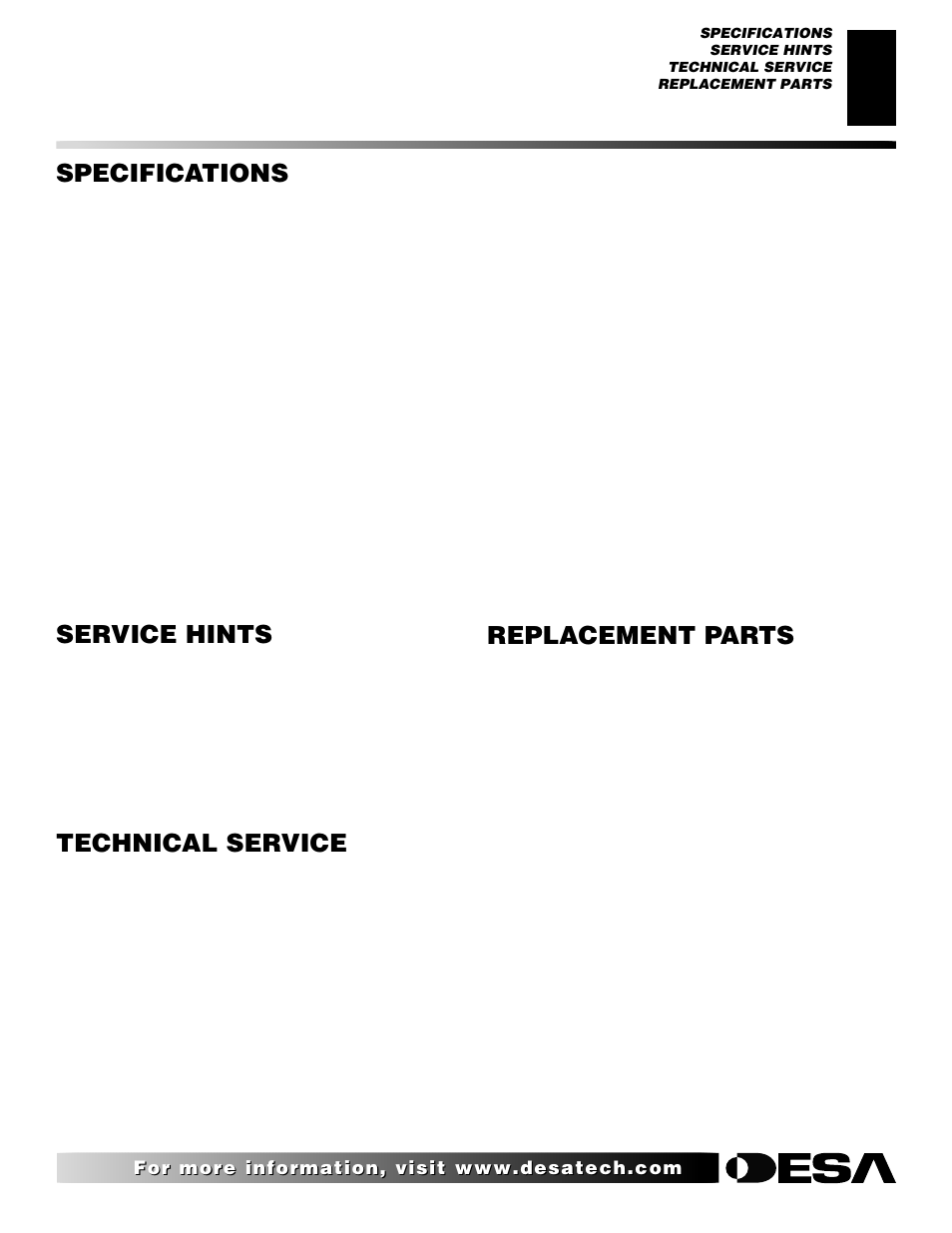Specifications, Service hints, Technical service | Replacement parts, Parts under warranty, Parts not under warranty | Desa FDCFTN User Manual | Page 29 / 42
