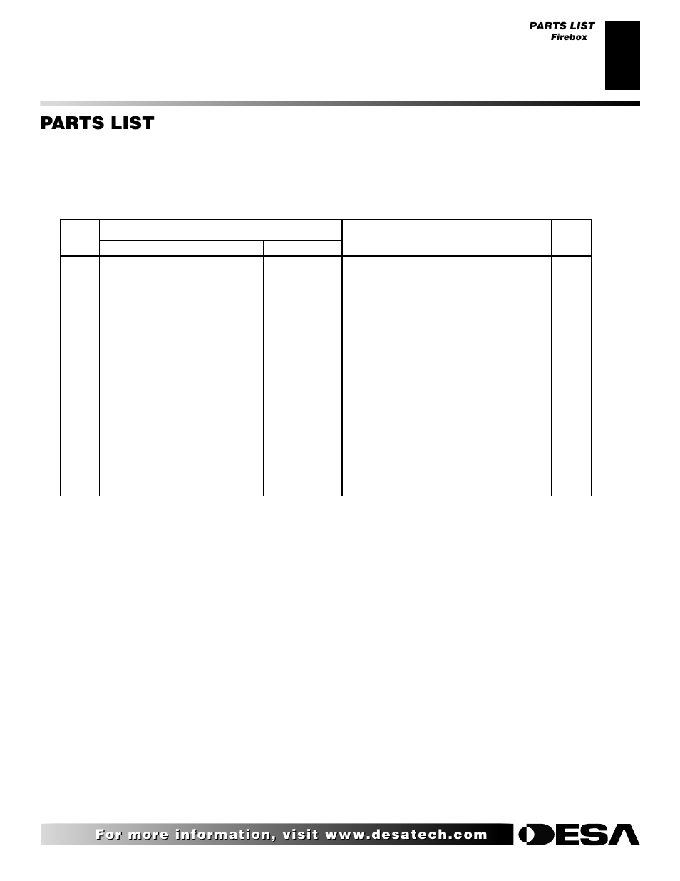 Parts list, Firebox | Desa FDCFTN User Manual | Page 31 / 42