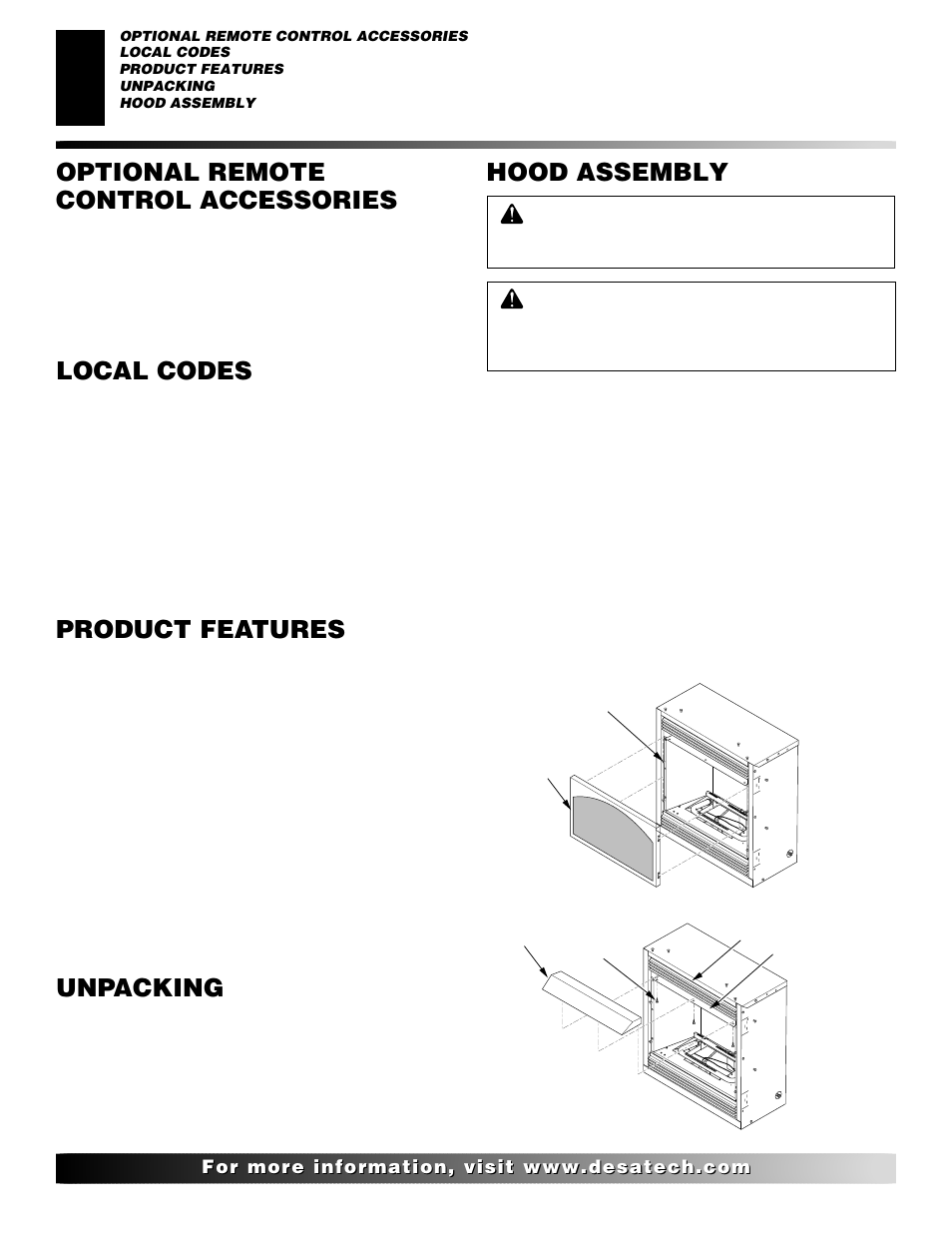 Local codes, Optional remote control accessories, Product features | Unpacking, Hood assembly | Desa FDCFTN User Manual | Page 4 / 42