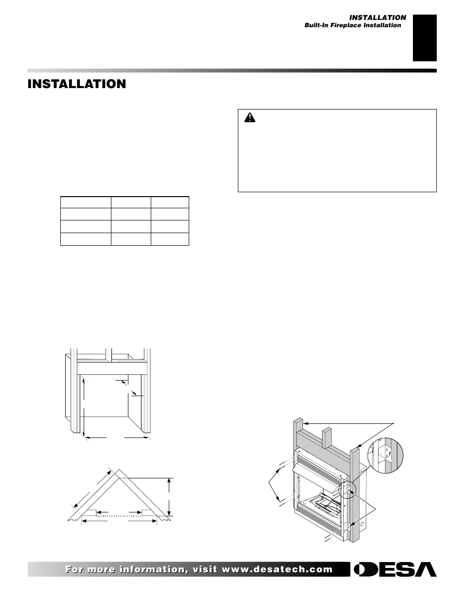 Installation, Continued, Built-in fireplace installation | Desa FDCFTN User Manual | Page 9 / 42