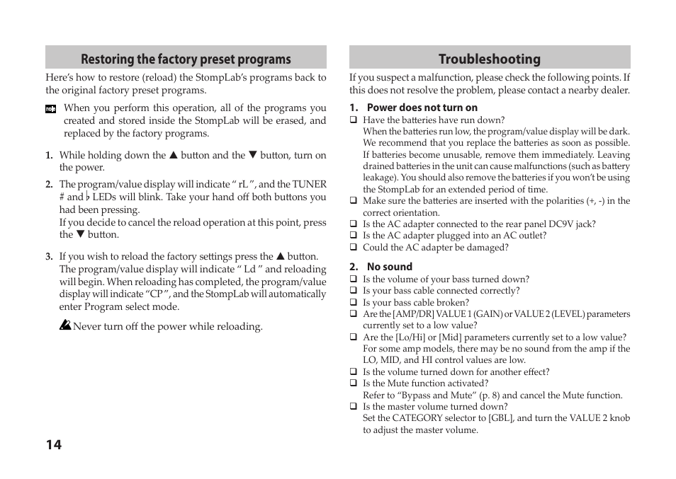 14 restoring the factory preset programs, Troubleshooting | Vox StompLab IIB Modeling Bass Effect Processor Pedal User Manual | Page 14 / 84