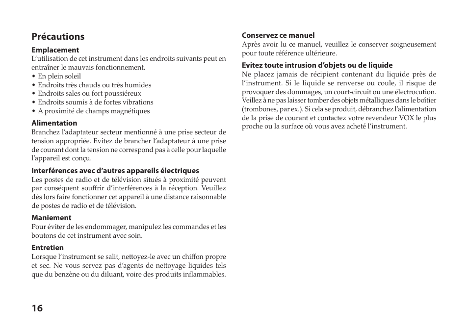 Français, 16 précautions | Vox StompLab IIB Modeling Bass Effect Processor Pedal User Manual | Page 16 / 84