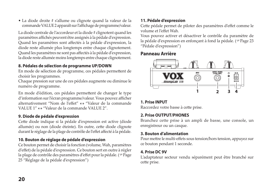 Panneau arrière | Vox StompLab IIB Modeling Bass Effect Processor Pedal User Manual | Page 20 / 84