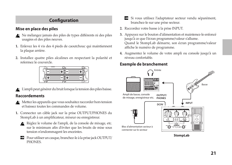 21 configuration, Mise en place des piles, Raccordements | Exemple de branchement | Vox StompLab IIB Modeling Bass Effect Processor Pedal User Manual | Page 21 / 84