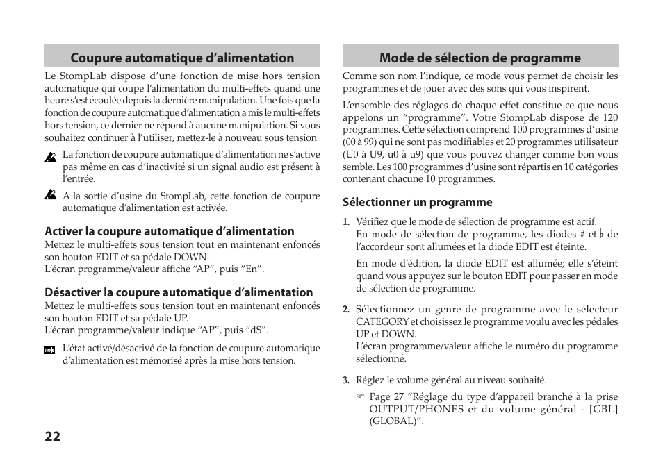 22 coupure automatique d’alimentation, Mode de sélection de programme | Vox StompLab IIB Modeling Bass Effect Processor Pedal User Manual | Page 22 / 84