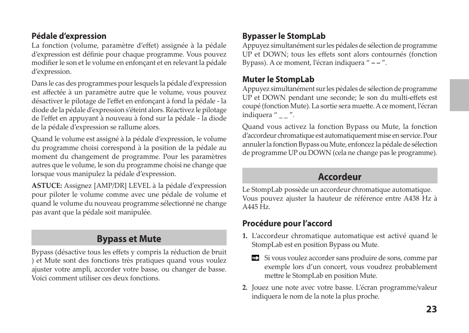 Bypass et mute, Accordeur | Vox StompLab IIB Modeling Bass Effect Processor Pedal User Manual | Page 23 / 84