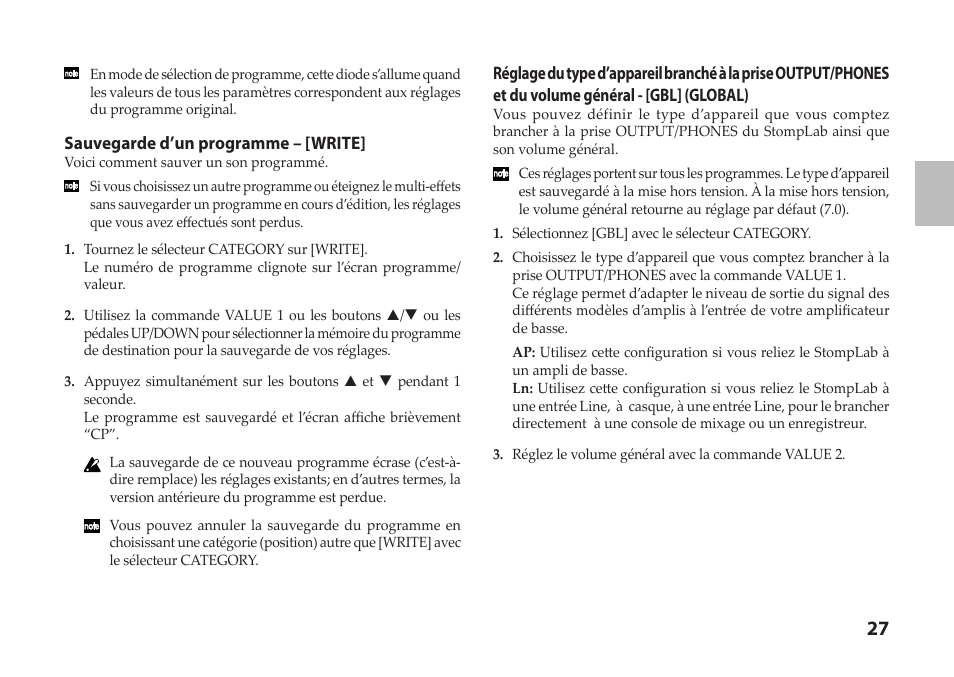 Sauvegarde d’un programme – [write | Vox StompLab IIB Modeling Bass Effect Processor Pedal User Manual | Page 27 / 84