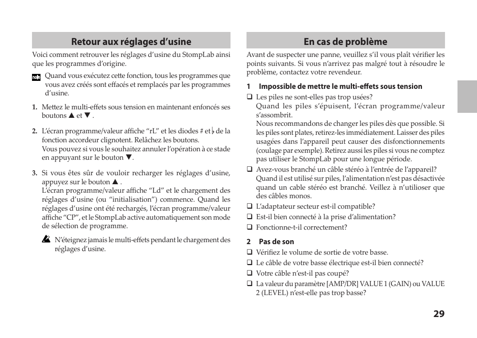 29 retour aux réglages d’usine, En cas de problème | Vox StompLab IIB Modeling Bass Effect Processor Pedal User Manual | Page 29 / 84