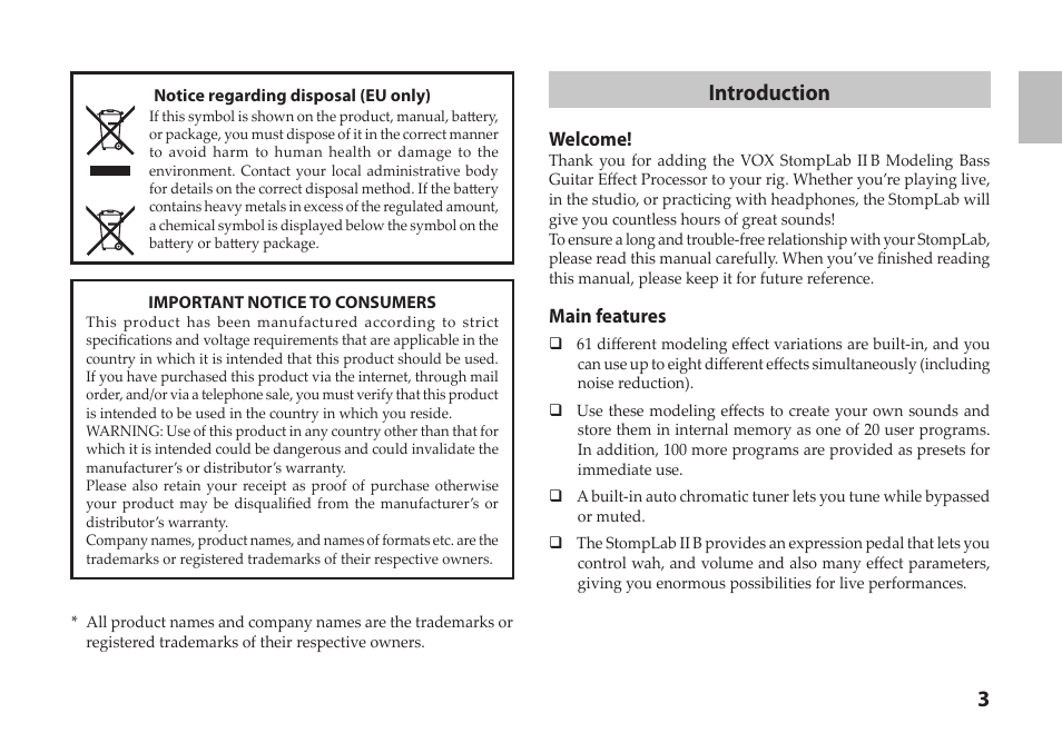 Introduction, Welcome, Main features | Vox StompLab IIB Modeling Bass Effect Processor Pedal User Manual | Page 3 / 84