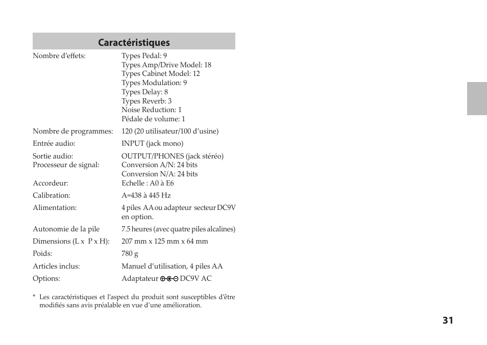 31 caractéristiques | Vox StompLab IIB Modeling Bass Effect Processor Pedal User Manual | Page 31 / 84