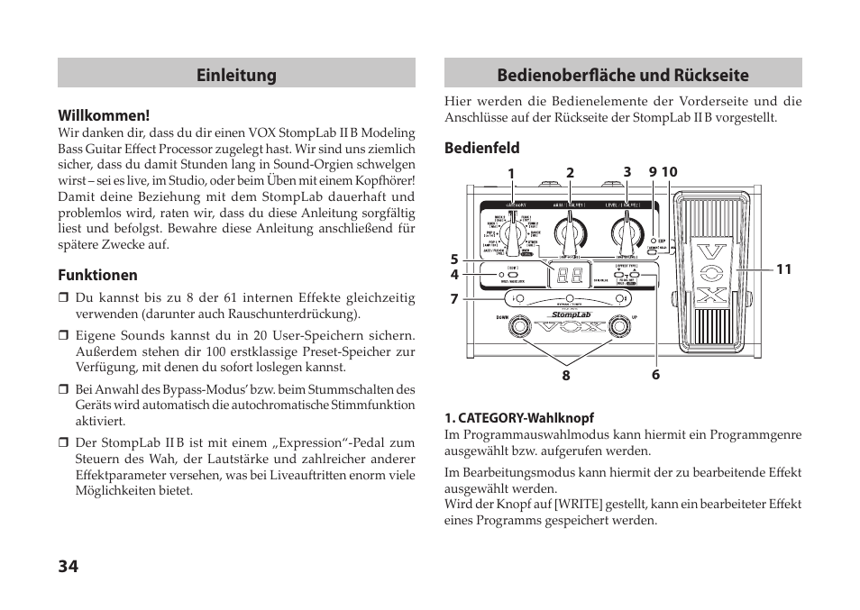 34 einleitung, Bedienoberfläche und rückseite | Vox StompLab IIB Modeling Bass Effect Processor Pedal User Manual | Page 34 / 84