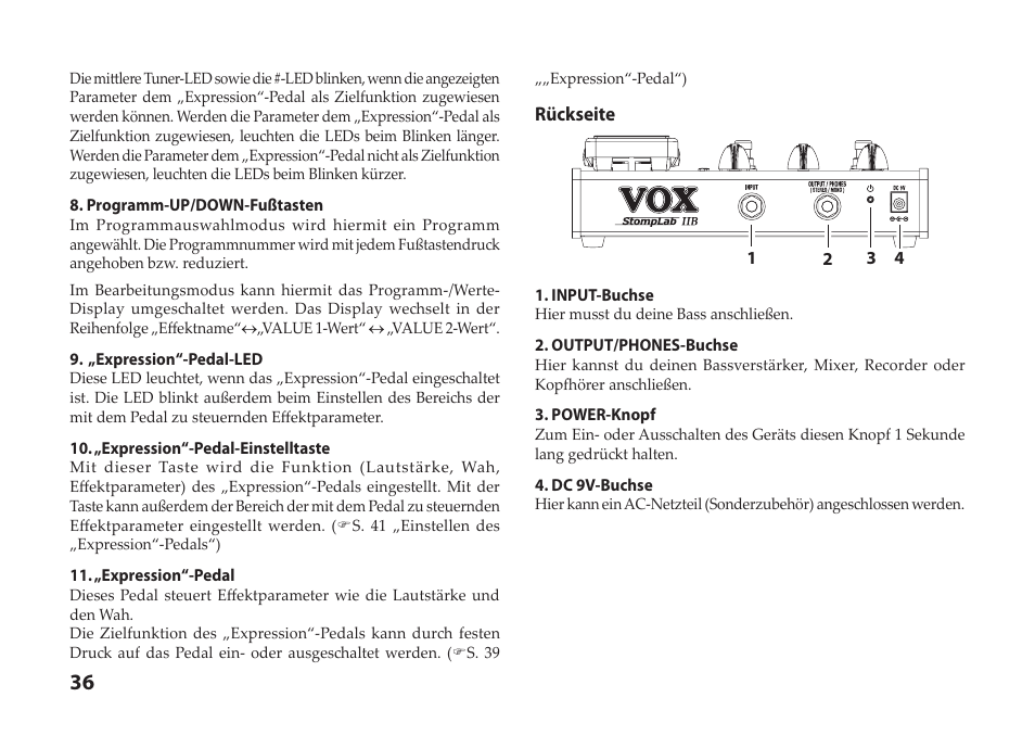 Rückseite | Vox StompLab IIB Modeling Bass Effect Processor Pedal User Manual | Page 36 / 84