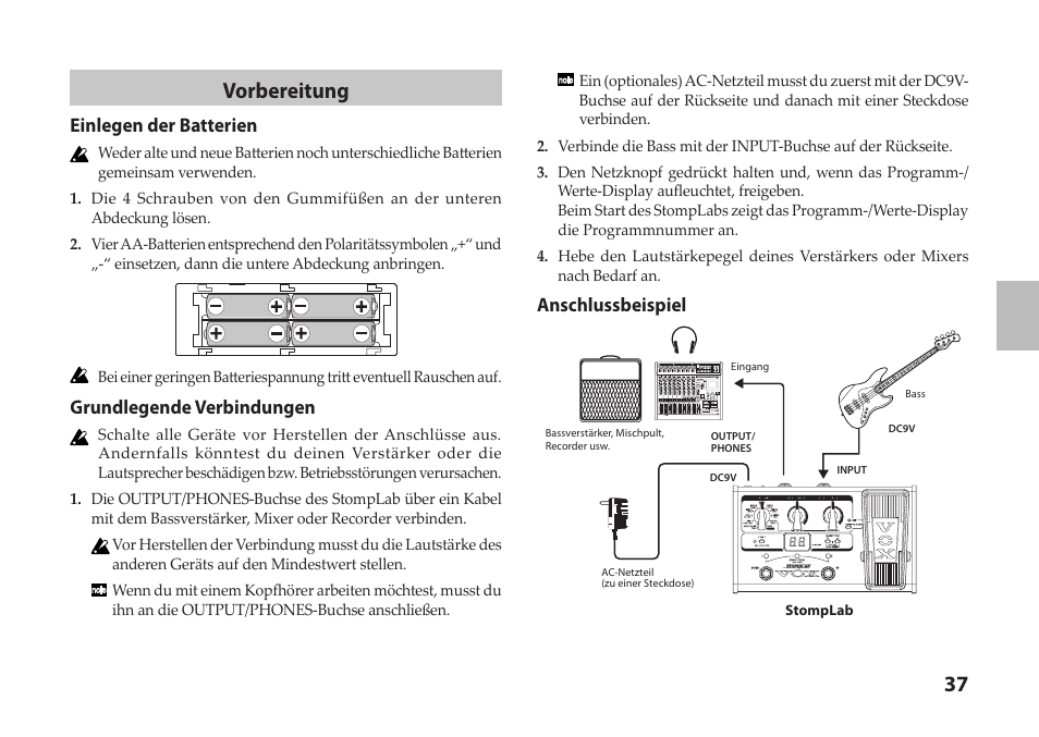 37 vorbereitung, Einlegen der batterien, Grundlegende verbindungen | Anschlussbeispiel | Vox StompLab IIB Modeling Bass Effect Processor Pedal User Manual | Page 37 / 84