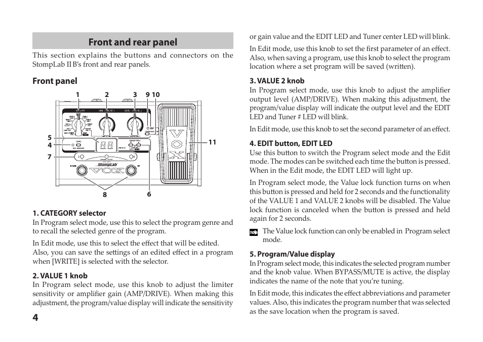 Front and rear panel, Front panel | Vox StompLab IIB Modeling Bass Effect Processor Pedal User Manual | Page 4 / 84