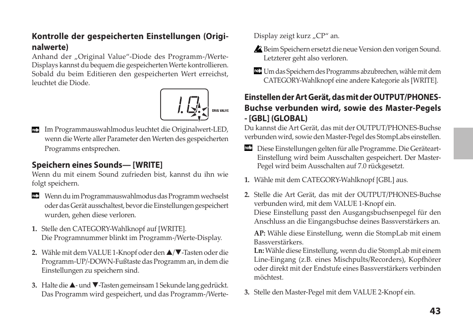 Speichern eines sounds— [write | Vox StompLab IIB Modeling Bass Effect Processor Pedal User Manual | Page 43 / 84