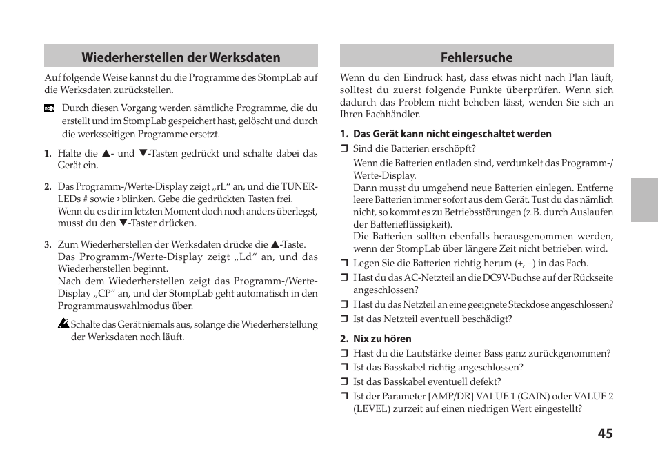 45 wiederherstellen der werksdaten, Fehlersuche | Vox StompLab IIB Modeling Bass Effect Processor Pedal User Manual | Page 45 / 84