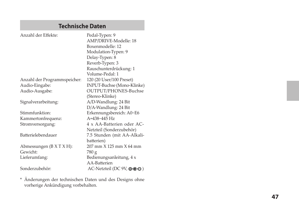 47 technische daten | Vox StompLab IIB Modeling Bass Effect Processor Pedal User Manual | Page 47 / 84